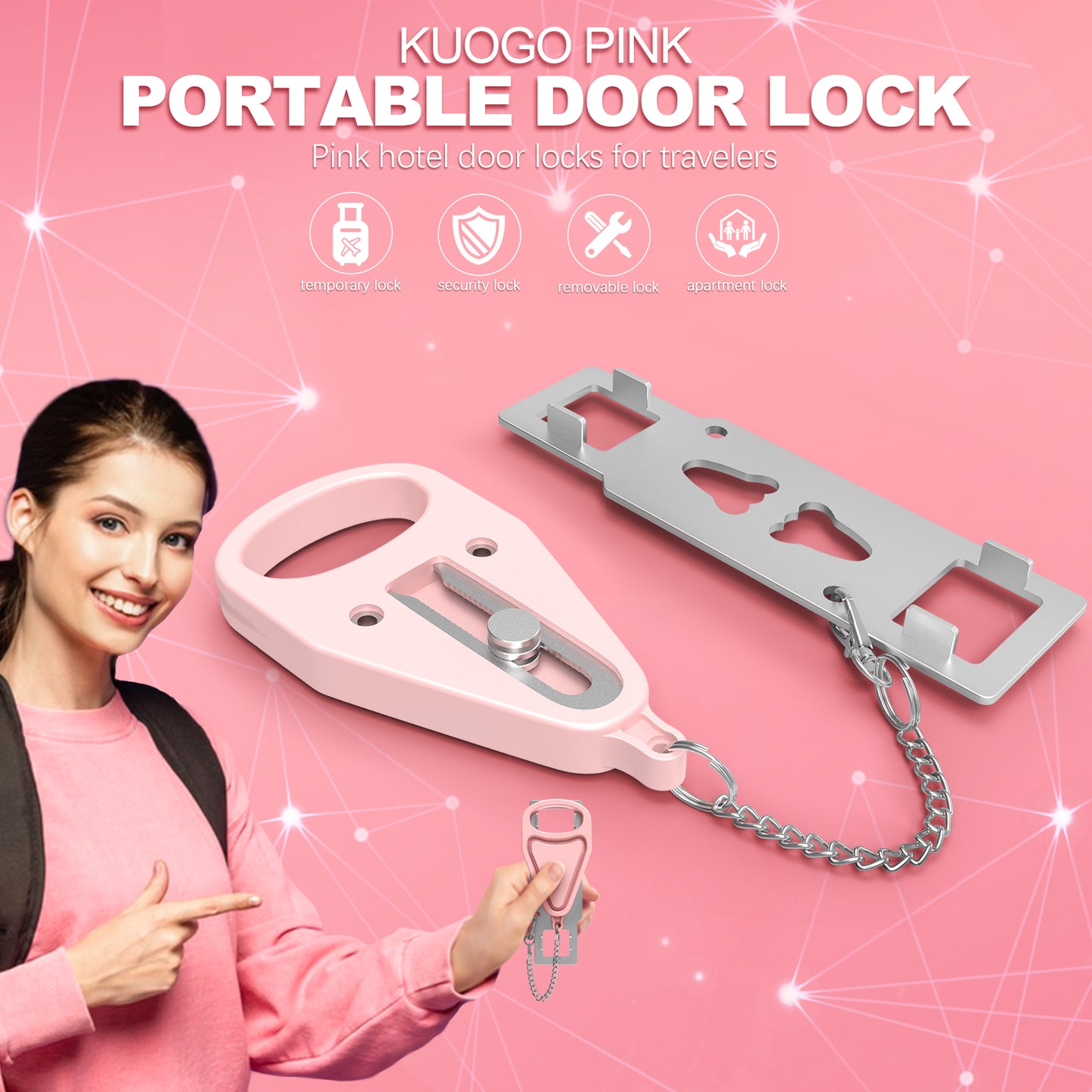 KUOGO 2 Pack Pink Portable Door Lock