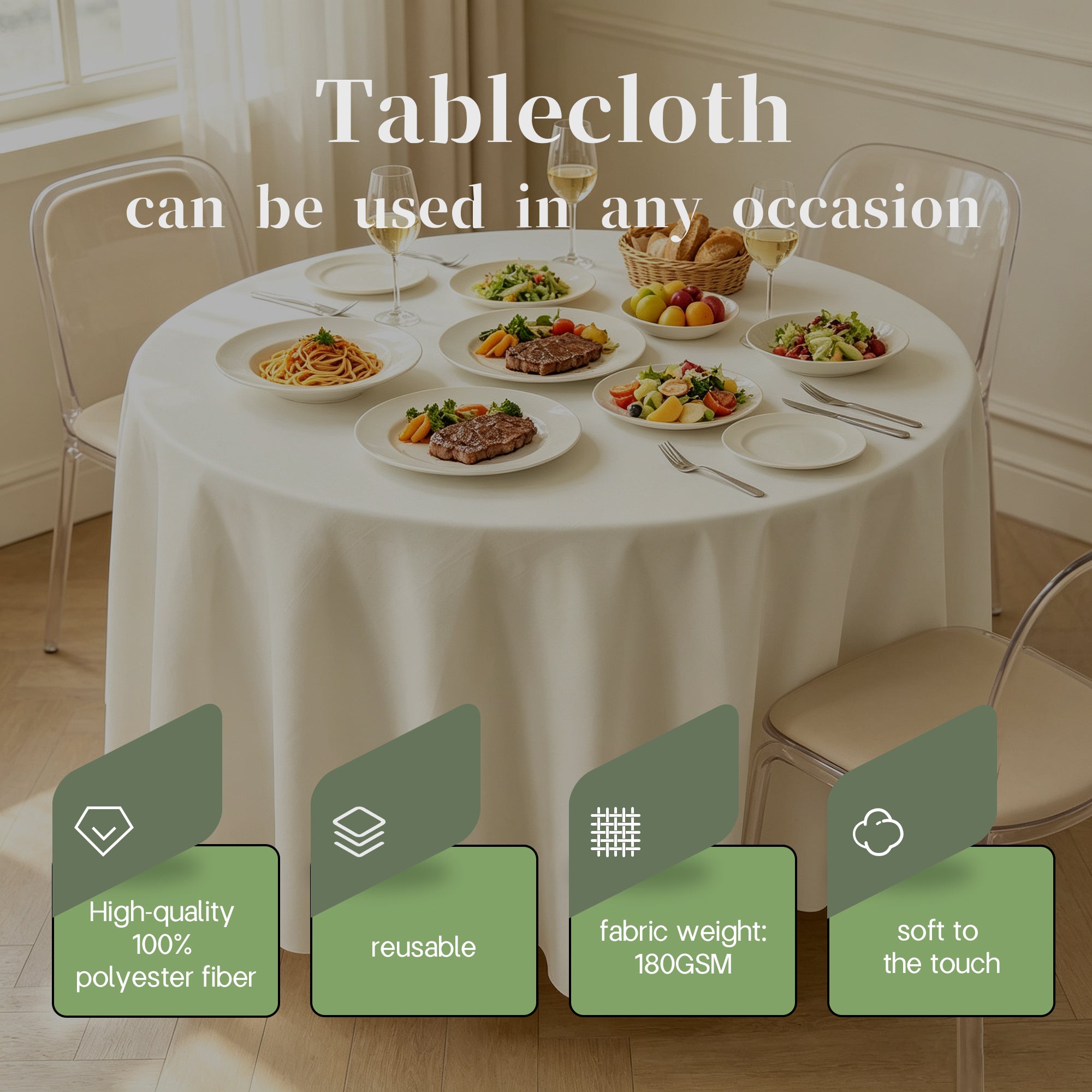 KUOGO Round Tablecloth, Washable Polyester Cover for Wedding, Party, Dinner & Camping